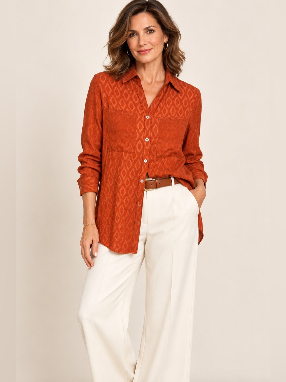 Chico’s Rust Orange Tonal Jacquard Button-Down Tunic Blouse Size 0 Small